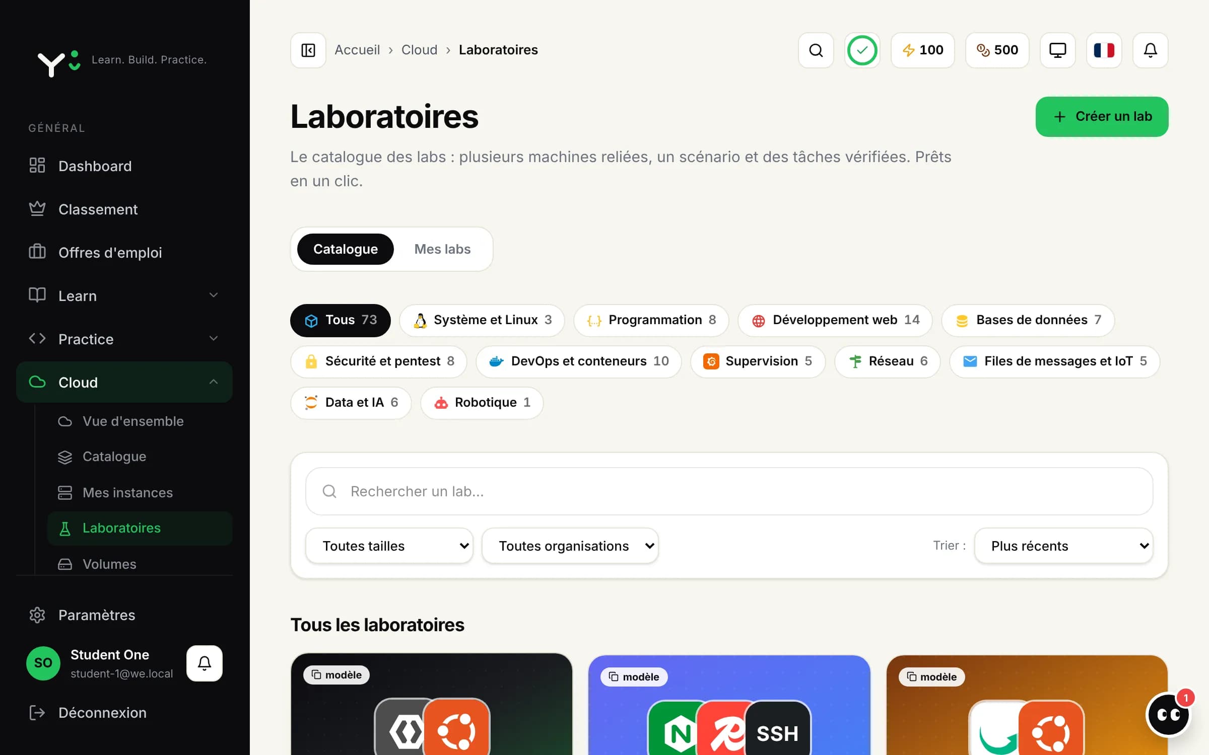Le catalogue des labs Cloud, rangés par thème