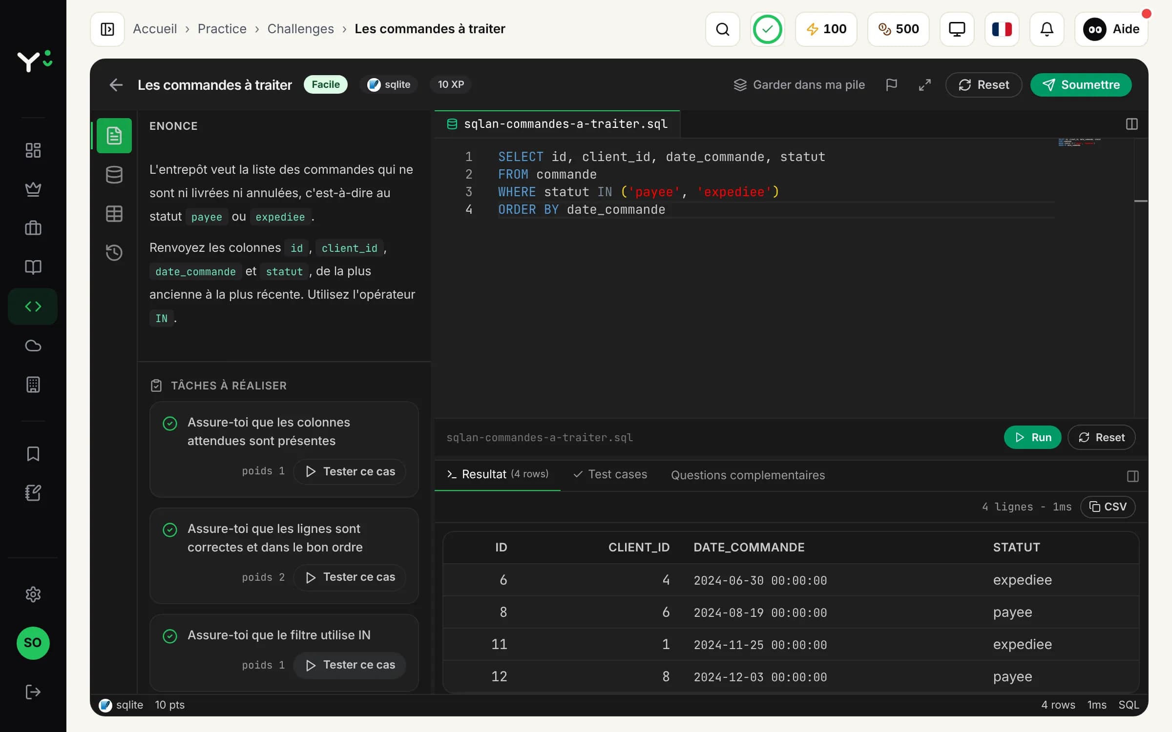 Un exercice SQL corrigé : requête, résultat et tâches validées